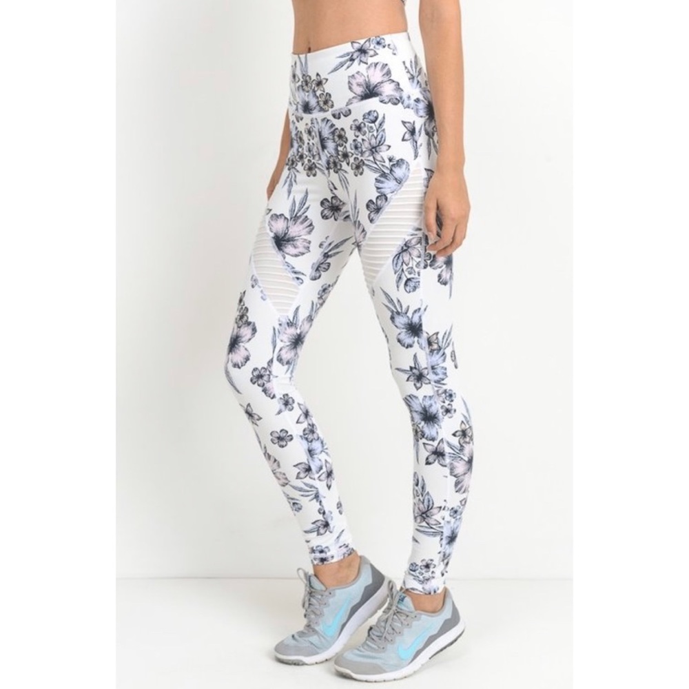White Floral Print Moto Mesh Leggings - Picture 4 of 6